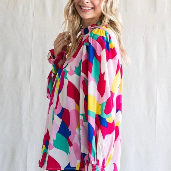 Jodifl Fuchsia Mix Abstract Print Long Poet Sleeve Top - Picture 4 of 5